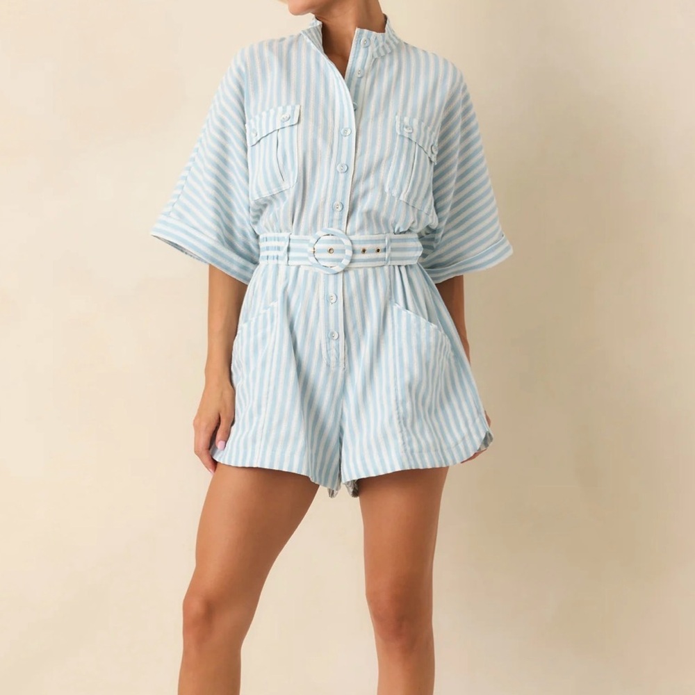🆕 Aqua Blue/White Stripe Belted Romper - L - Picture 8 of 11